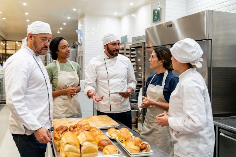 4 poeple standing in a commercial bakery kitchen with different baked breads in front